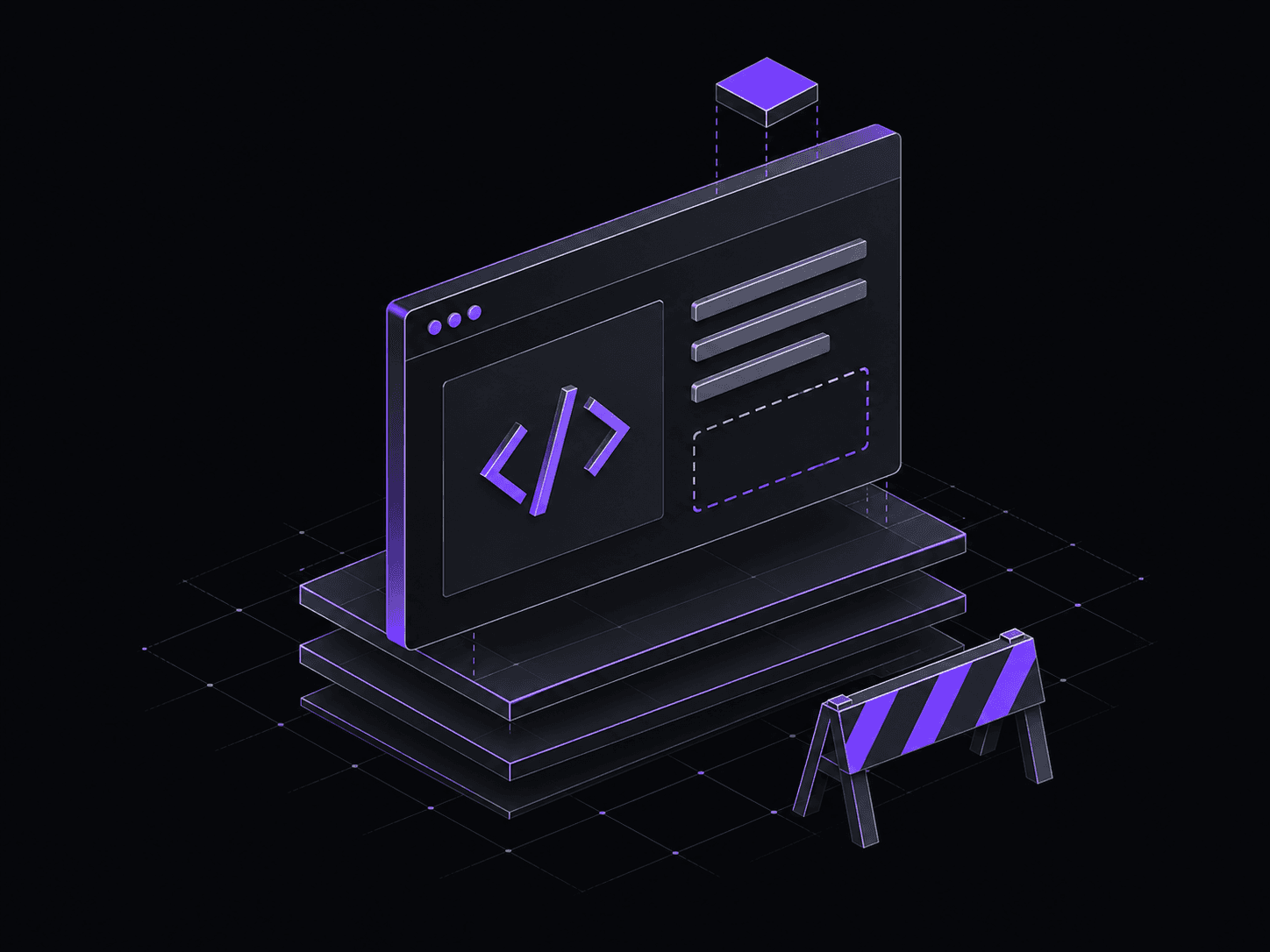 An isometric webpage being assembled above layered blueprint panels, with a purple construction barrier.